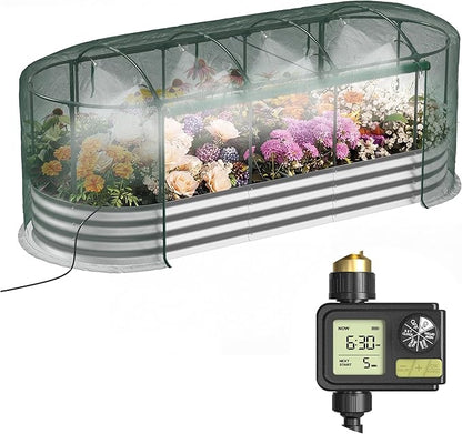 Lineware Raised Garden Bed with Sprinkler Timer and Self-Watering System, 8x3x1 ft Elevated Planter Boxes Outdoor with Mesh Cover, Oval Raised Beds for,Vegetables,Flowers, Backyard, Patio
