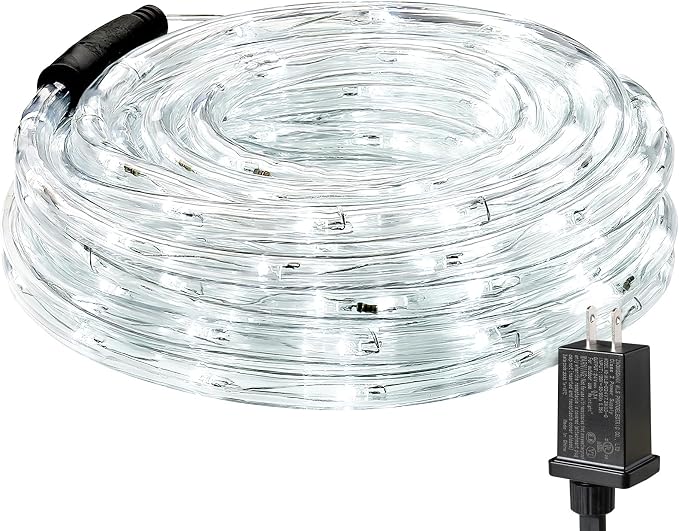 Lighting EVER 33ft 240 LED Outdoor Rope Lights Cool White 6000K, 24 V Connectable, Waterproof Clear Tube String Lights for Deck Railing, Patio Ground, Garden, Yard Lawn, Flower Bed Landscape, Camping