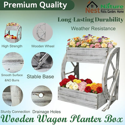 NestNature Wooden Wagon Planter Box|Rustic Planter Use On Indoor&Outdoor | 2-Tier Medium Solid Wood Planter-Flower Pot Use On Patio,Porch,Garden-Raised Garden Bed For Succulents, Herbs, Vegetables