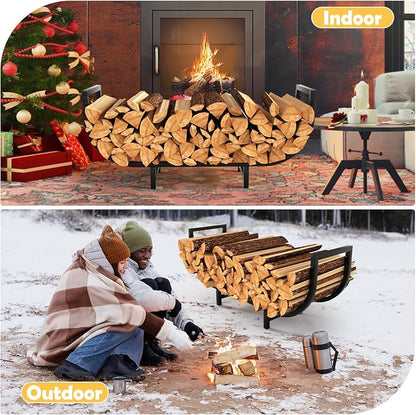 Firewood Rack Indoor with Log Carrier 34Inch Fireplace Wood Holder, Black Outdoor Firewood Storage Organizer Stable Metal Wood Rack Heavy Duty Log Holder for Fireplace Patio Deck, Wooden Carrier Tool