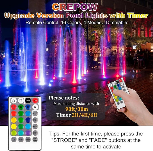 RGBW Pond Lights with Timer, 18 LED Underwater Submersible Fountain Lights Color Changing Landscape Spotlights Remote Control IP68 Waterproof for Fish Aquarium Tank Yard Garden Pool (Set of 6)