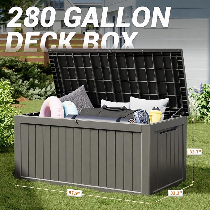 Outdoor Storage Box, 280 Gallon Resin Deck Boxes Outdoor Waterproof For Patio Furniture, Garden Tools, Pool Supplies, Lockable And UV Resistant (Striped Gray)