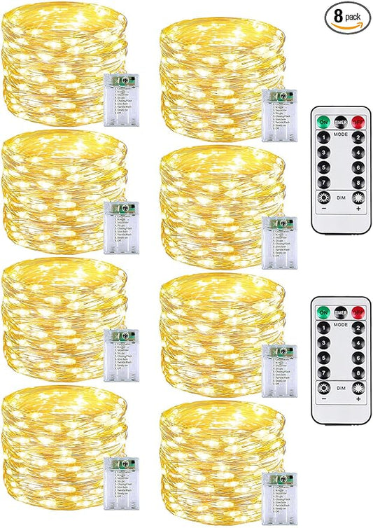 8 Pack 60 LED Fairy Lights Battery Operated with Remote, 8 Modes String Lights Indoor Outdoor, Cuttable Battery Light for Home Bedroom Wedding DIY Centerpiece Christmas Decorations (Warm White)