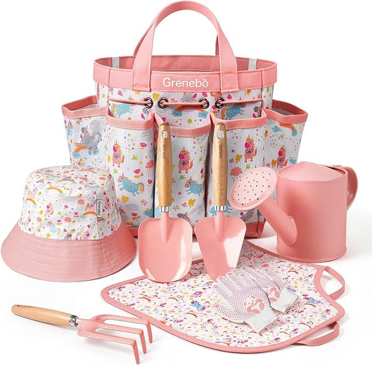 Grenebo Kids Gardening Set Toys, Quality Garden Tool Kit for Kids and Toddlers, Includes Two Shovels, Garden hat,Rake, Apron,Gloves, Watering Can, and Tool Bag (Pink)