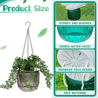 Meanplan 4 Pcs Self Watering Hanging Planter Indoor 6.5 Inch Hanging Baskets for Plants Outdoor Plastic Flower Pot with 3 Hooks Chains Drainage Holes for Garden Home, Medium Size(Emerald, Gray)