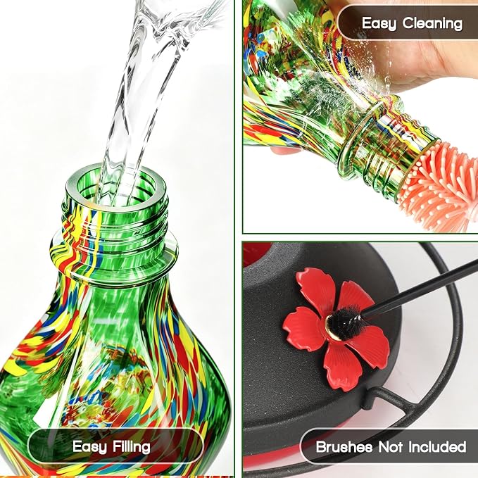 Hand Blown Glass Hummingbird Feeders for Outdoors Hanging, 24oz Wild Bird Nectar Feeder with Ant Moat and Perch, Bee-Resistant Ports, Garden Decor, Gifts for Women Mom, 1 Pack, Green Phoenix