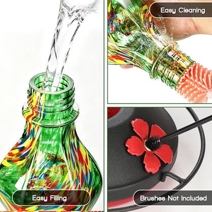Hand Blown Glass Hummingbird Feeders for Outdoors Hanging, 24oz Wild Bird Nectar Feeder with Ant Moat and Perch, Bee-Resistant Ports, Garden Decor, Gifts for Women Mom, 1 Pack, Green Phoenix