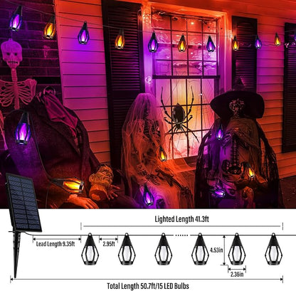 iBaycon 42Ft 15 LED Solar Flame Halloween String Lights, Warm White+Purple | Ultra-Real Flickering Flame Lamp Outdoor Waterproof, Solar Patio String Lights for Garden Yard Lawn Halloween Decorations