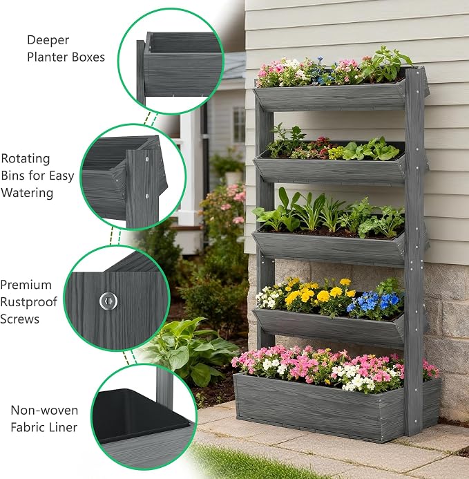 DoCred Vertical Raised Garden Bed, 5 Tier Upgraded Garden Planters Freestanding Wood Plant Stand Flower Rack Wooden Planter Box for Plants Herbs Flowers Vegetables Outdoor Indoor