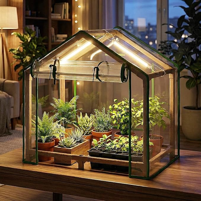 Bamworld Mini Greenhouse Indoor Desktop with Grow Lights Small Grow Tent Reusable Portable Warm House with PE Cover Ventilation Window for Seed Starting