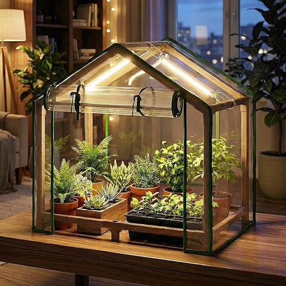 Bamworld Mini Greenhouse Indoor Desktop with Grow Lights Small Grow Tent Reusable Portable Warm House with PE Cover Ventilation Window for Seed Starting