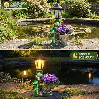 Solar Frog Outdoor Garden Statue with Flowerpot & Lantern | Resin Frog Figurine for Yard Art Lawn Ornaments Porch Patio Balcony - Gifts for Housewarming Birthday