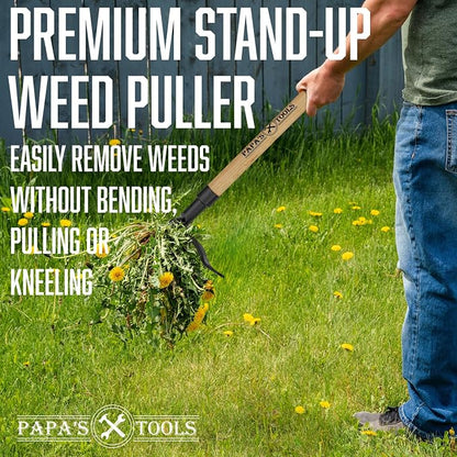 MELISSA AND HARRY Papa's Tools Weeder - Stand Up Weed Puller Tool Made with Long Wooden Handle - Real Bamboo & 4-Claw Steel Head (Natural / 3PC)