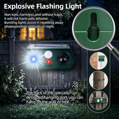 4Pack Solar Animal Repeller Outdoor,Waterproof Sonic Fortress Pro Deer Repellent Devices,Cat Repellent with Red&Blue Flash Lights to Scare Rabbit Raccoon Squirrel