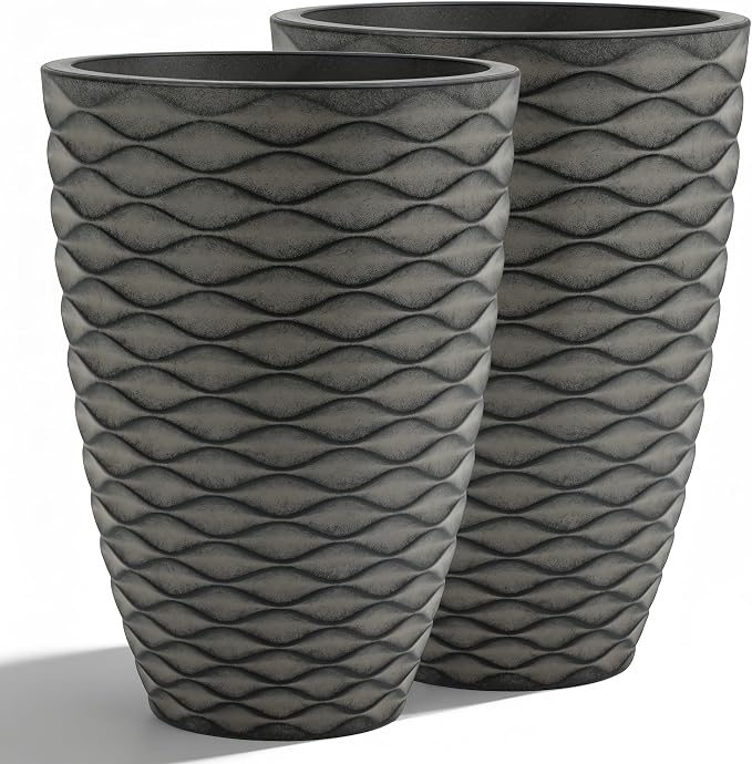 2-Pack 19" Rustic Black Resin Tall Planters with Wave Texture | Set of 2 resin tall planters with rustic black wave texture, drainage plugs, and UV-resistant finish for porch or patio