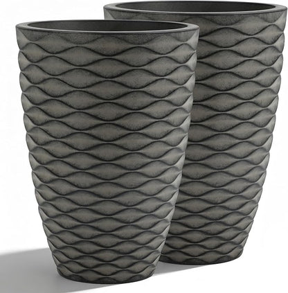 2-Pack 19" Rustic Black Resin Tall Planters with Wave Texture | Set of 2 resin tall planters with rustic black wave texture, drainage plugs, and UV-resistant finish for porch or patio