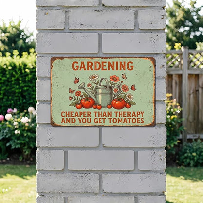 Funny Garden Metal Signs, Vintage Outdoor Wall Decor 12x8 Inch | Gardening Cheaper Than Therapy, Weatherproof Aluminum Sign for Patio Yard Greenhouse, Gift For Gardeners