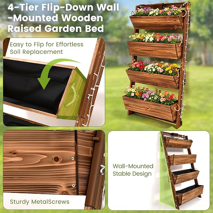 4-Tier Wooden Garden Raised Bed with 11-Mode LED Lights and Timer | 51"H Vertical Wall-Leaning Planter with Tilt-Out Boxes& Drainage Holes for Vegetables Herbs Flowers Patio