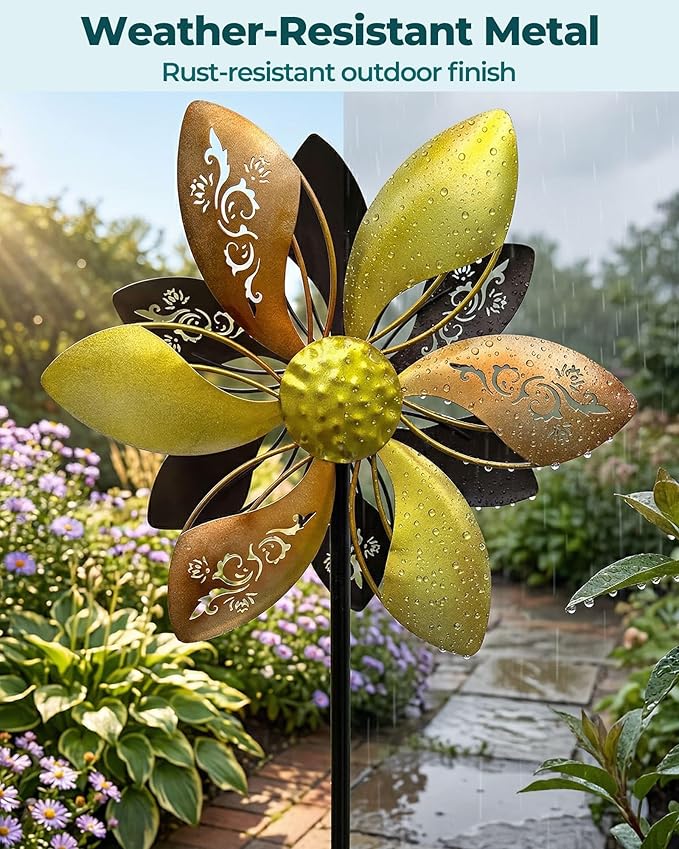 Double-Sided Metal Wind Spinner for Yard, 37" Kinetic Garden Decor | Weather-Resistant Finish, Smooth Spinning Motion, Sturdy 5-Prong Stake, Quick Assembly, Ideal for Lawns, Gardens, and Patios