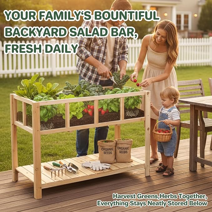 Raised Garden Bed Outdoor with Shelf, 43.7''x23.2''x30.7''Wood Planter Box with Transparent Window, Drainage Holes, Liner, Garden Beds Flower Stand for Balcony Kitchen, Gift for Gardening