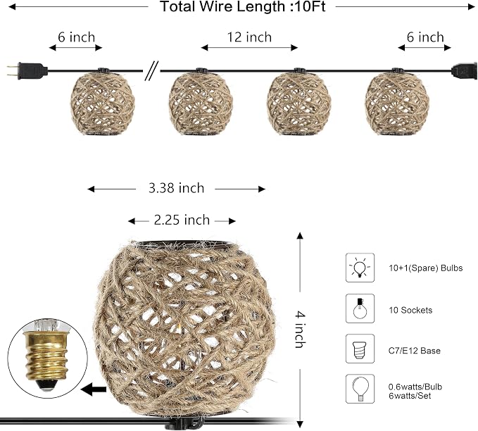 JONATHAN Y 10' 10-Light Rustic Coastal LED String Lights, Light Brown Hemp Rope Shaded Globe Lights for Indoor Outdoor Patio Porch, Bohemian Decor, LED Bulbs Included JYL8710A