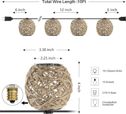 JONATHAN Y 10' 10-Light Rustic Coastal LED String Lights, Light Brown Hemp Rope Shaded Globe Lights for Indoor Outdoor Patio Porch, Bohemian Decor, LED Bulbs Included JYL8710A