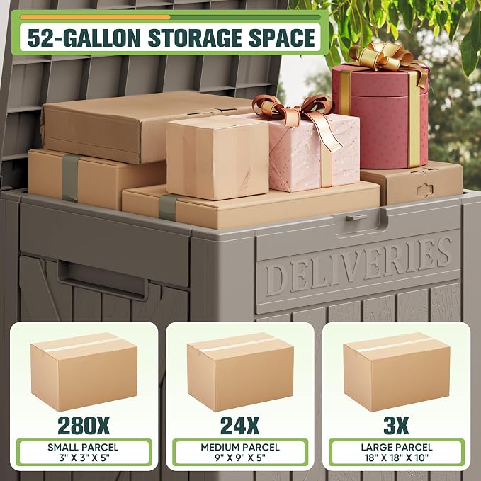 Greesum 52 Gallon Large Outdoor Package Delivery Box for Porch, Lockable Secure Double-Wall Resin Storage Box, Waterproof Deck Box for Package Protection, Light Coffee