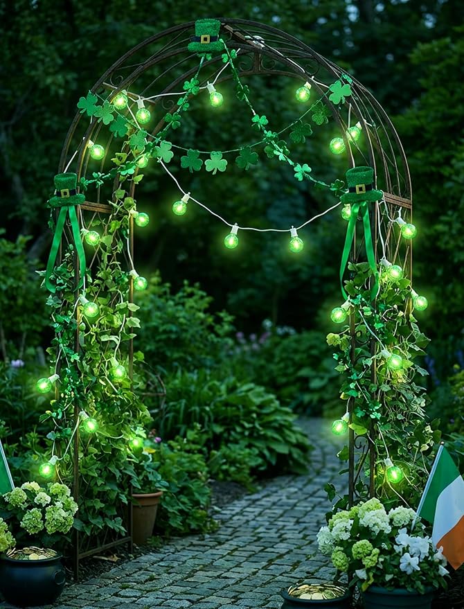 LED St. Patrick's Day String Lights, 25Ft St Patricks Decorations Outdoor | 25+2 G40 Round Bulbs, Connectable, Hanging Patio Lights Shatterproof for Indoor Home Decor Party, White Wire, Clear Green