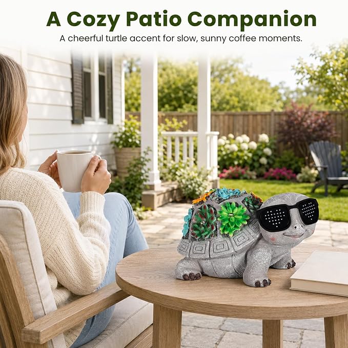 Unique Solar Garden Turtle Statue with I Love You LED Sunglasses and Succulent LED Lights, Lawn Decor Tortoise Figurine for Patio, Balcony Yard Ornament for Mom, Women & Grandma