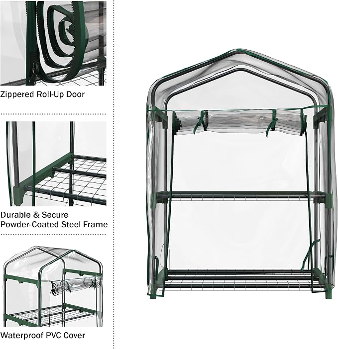 2 Tier Mini Greenhouse - Portable Greenhouse with Steel Frame and PVC Cover for Indoor or Outdoor - 27 x 19 x 37.5-Inch Green House by Pure Garden