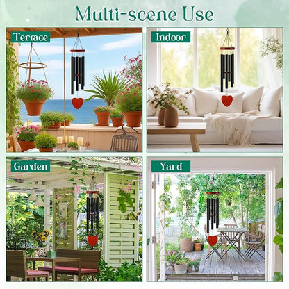 Leinuosen Wind Chimes for Outside Wind Chimes Outdoors Deep Tones 28" with 6 Aluminum Tubes Memorial Sympathy Windchime for Valentine Tree Decor Garden Courtyard Mom Loved One Gifts(Heart,Black)