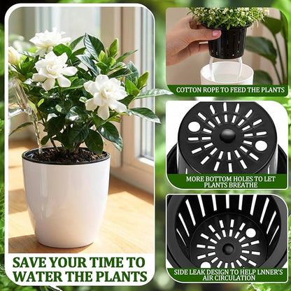 54 Pcs Self Watering Pots, 3.5 Inch Plastic Flower Plant Pot with Inner Pot Self Watering Wick Planter White Clear Flower pots for Indoor House Plants Herbs, Flowers, Succulents(White Black)