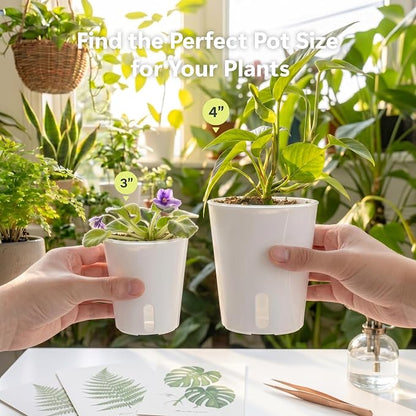 10 Pack 3" Self Watering Small White Plant Pots for Indoor Plants, Clear Inner Cup, Water Level Indicator, Drainage Holes & Wick, for Cuttings, Seedlings, Herb, African Violet
