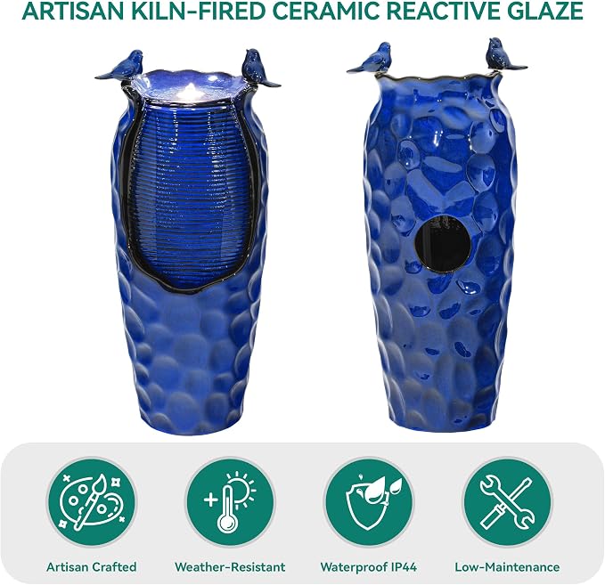 Autodaya 33" Vase Ceramic Outdoor Water Fountain with Lights and Birds | cobalt blue glazed water feature with textured design, ambient soothing cascading water flow for garden patio yard sanctuary