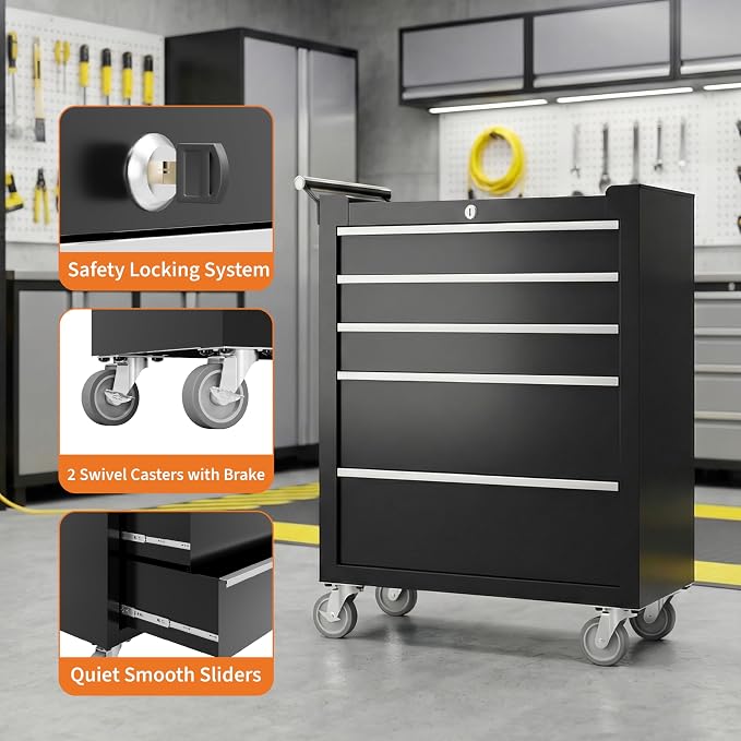 Rolling Tool Chest, 5-Drawer Tool Storage Cabinet, Tool Box with Wheels, Lock System and Drawer Liners, Tool Cart for Warehouse, Workshop and Repair Shop, Black