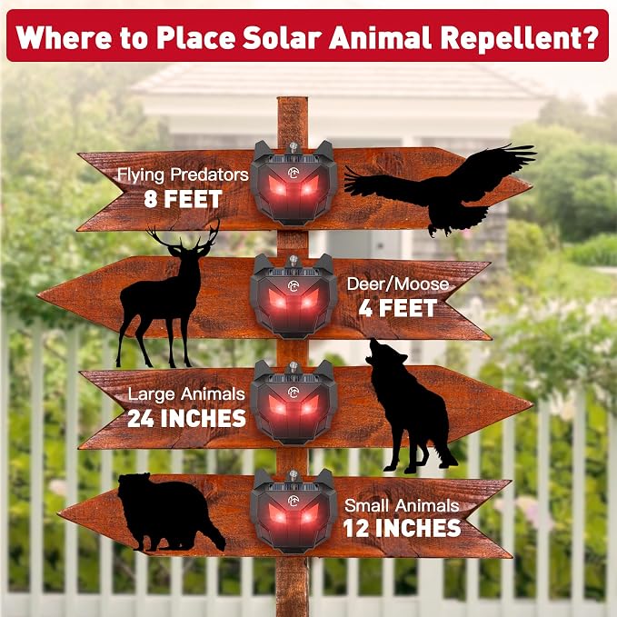 2 Pack Solar Nocturnal Animal Repeller with Red LED Flashing Lights – Effective Coyote, Raccoon, Skunk, Deer & Hawk Deterrent – Waterproof Predator Lights for Yards, Gardens & Chicken Coops