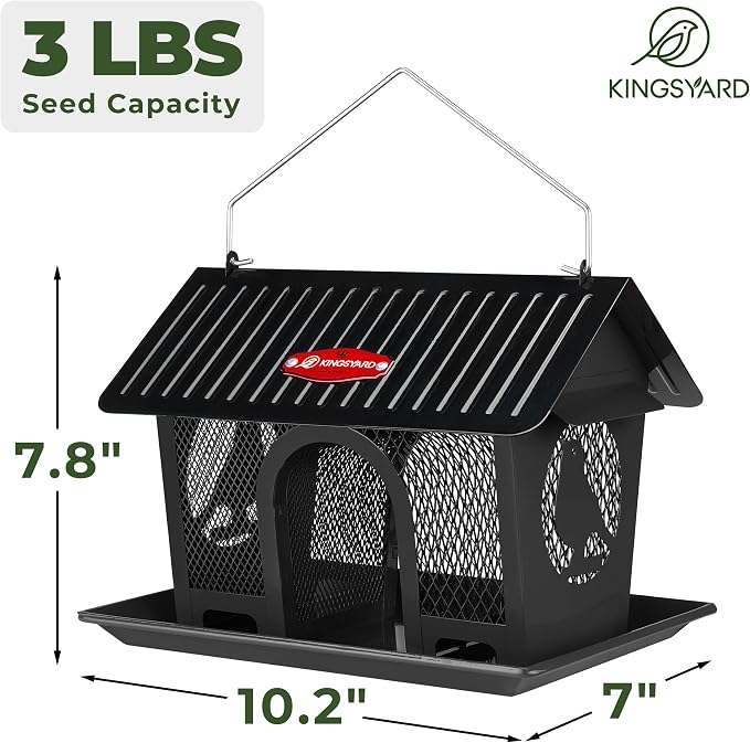 Kingsyard Wild Bird Feeder for Outdoors Hanging, All Metal | Dual-Use Mesh with 360° Feeding, Weatherproof Roof, 3 lb Seed Capacity, Garden Decor & Birding Gift, Black