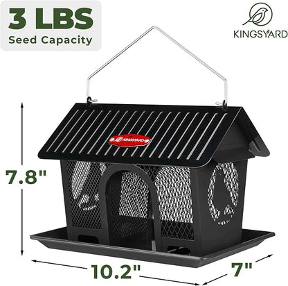 Kingsyard Wild Bird Feeder for Outdoors Hanging, All Metal | Dual-Use Mesh with 360° Feeding, Weatherproof Roof, 3 lb Seed Capacity, Garden Decor & Birding Gift, Black
