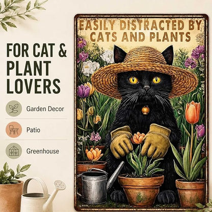 PEACHGARDEN Funny Garden Signs with Cats for Outside Sign Easily Distracted by Cats and Plants Vintage Metal Wall Art for Home Farmhouse Kitchen Outdoor Gift 8x12inch