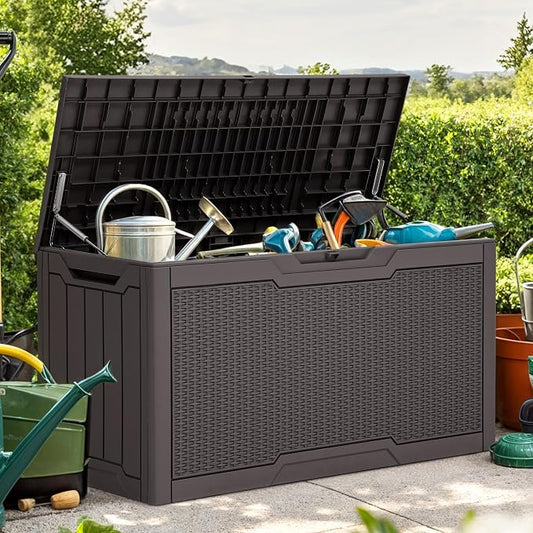 YITAHOME 80 Gallon Resin Deck Box | Weather Resistant Outdoor Rattan Storage Box, Lockable Indoor Outdoor Storage for Supplies and Essentials, Dark Brown