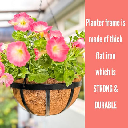 LaLaGreen Outdoor Hanging Baskets for Plants (14 Inch, 6 Pack) Large Black Hanging Planters with Coco Liner, Flat Iron Round Plant Metal Flower Pots for Deck Patio Porch Garden Balcony Outside Decor