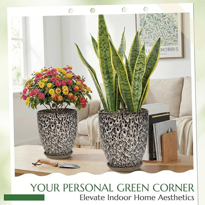 11.8 Inch Flower pots for Indoor Plants,Ceramic Planter with Saucer Drainage Leak-Proof Mesh Gardening Gloves (Spotted White)
