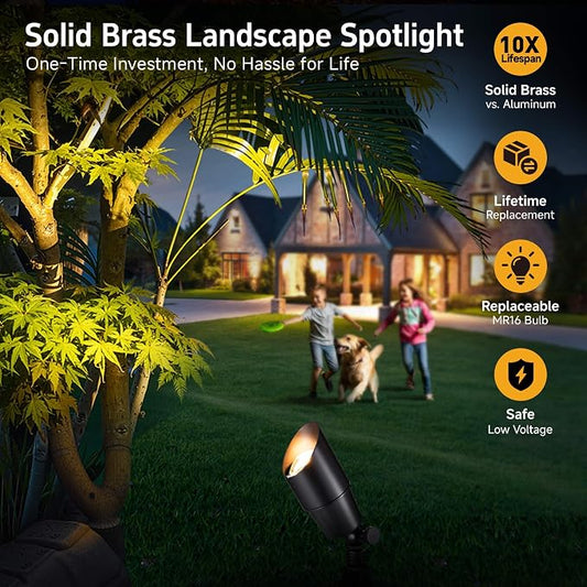 Gardenreet LED Low Voltage Spotlight - 12V AC/DC Black Outdoor Light Fixture, Brass Landscape Lights Hardwired, Weather Proof for Wall Wash Flag with Warm White MR16 Removable Bulbs (10 Pack)