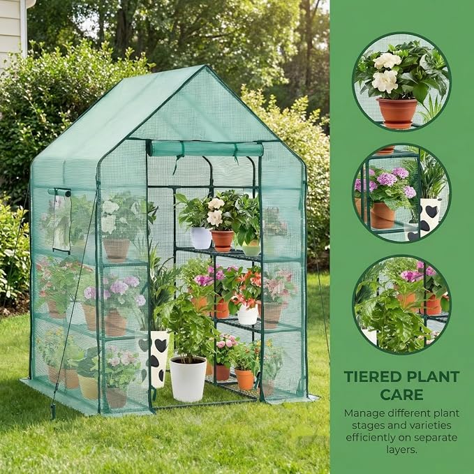 Walk-in Greenhouse with 12 Shelves, 74 x 37 x 49 inch Portable Greenhouse Kit with PVC Cover, Indoor Outdoor Green House for Seed Starting, Plants, Patio, Backyard, Clear Panels, Green