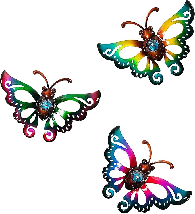 Garden Decor Metal Butterfly Wall decor, Wall Art Hanging for Patio Fence | BVLFOOK; 3D Design; Set of 3, 9 inch; Indoor & Outdoor; Great Gift for Family; garden décor; living room decor