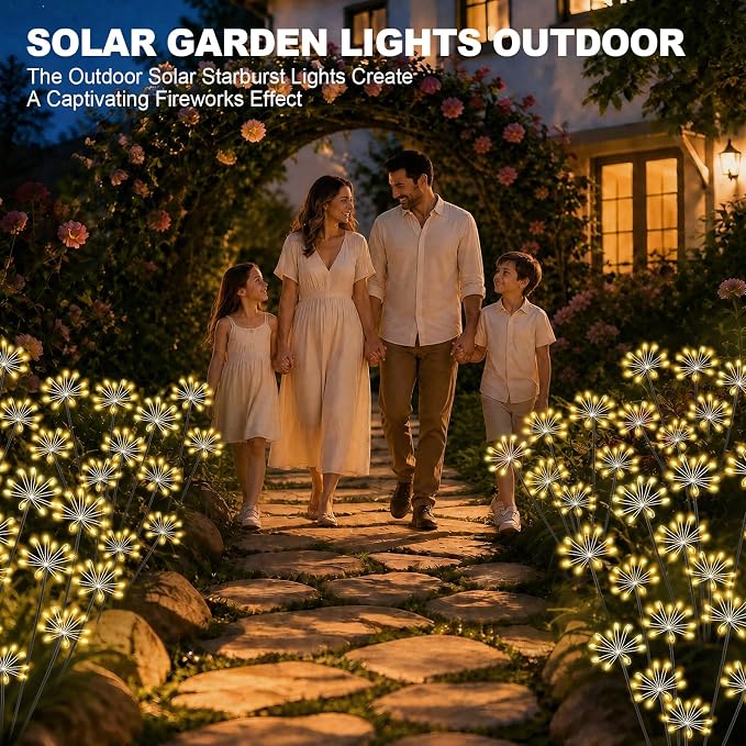 Solar Garden Lights Outdoor, Upgraded Solar Swaying Starburst Light Waterproof with 2 Modes, Solar Fairy Firework Lights for Yard Patio Pathway Flowerbed Balcony Garden Decoration (Warm White, 4 Pack)