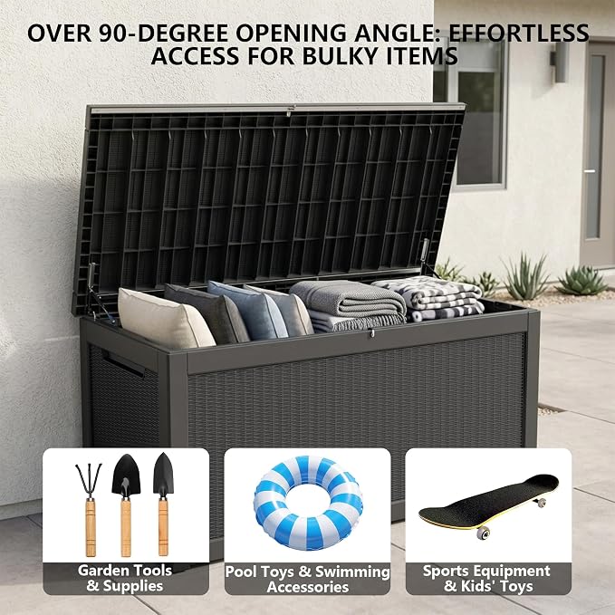 Outdoor Storage Box, 320 Gallon Waterproof Deck Box [Upgraded 3.0], Dual Gas-Spring Ultimate Resin Organizer for King Cushions, Heavy-Duty Lockable Estate Storage Bench, Backyard BBQ, Black