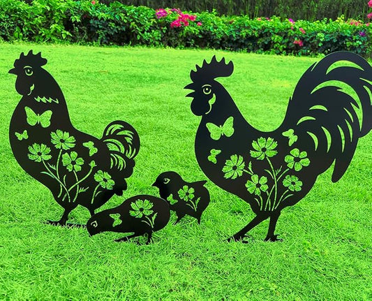 Metal Chicken Garden Decor for Outside, 4 Pcs Metal Chicken Yard Art, Decorative Garden Stakes Chicken Gifts for Chicken Lovers Woman/Man, Patio/Lawn Outdoor Chicken Decor, Chicken Garden Art