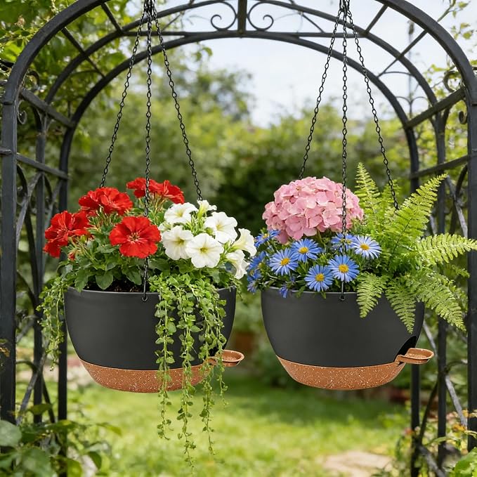 12" Self Watering Hanging Planters with Chains, Black Brown，2 Pack | 43 Oz removable self-watering reservoir, for indoor/outdoor plants, patio & garden