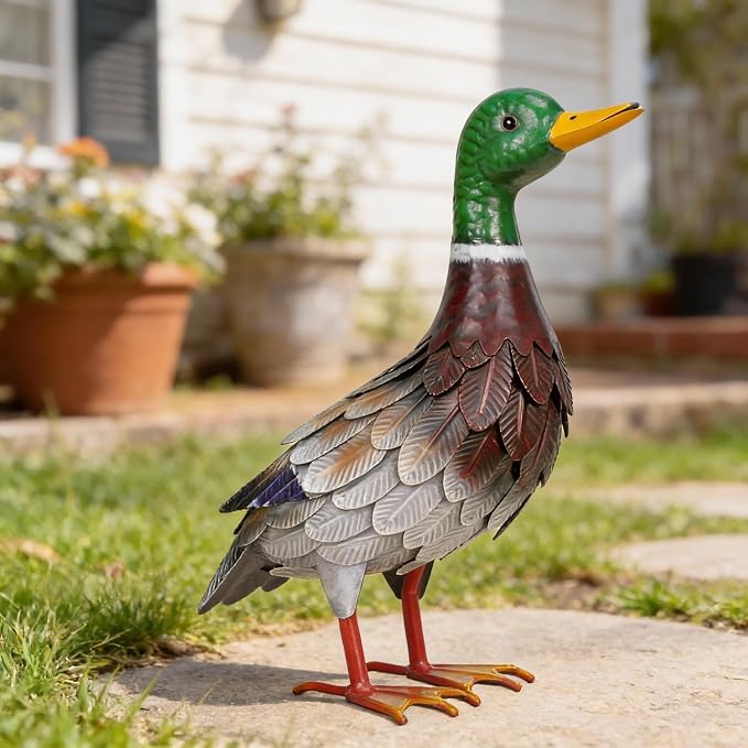 Shorayn Garden Statue Metal Duck Life-Size Mallard Indoor Outdoor Decor Handmade Iron